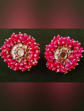 Ethnic Pink  pearl studs crafted with ad stones